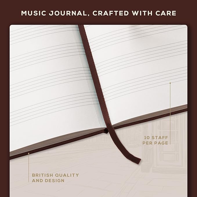 BEECHMORE BOOKS Blank Sheet Music Notebook – A4 8.5x11.5 for Songwriters, Musicians & Composers, 156 Thick 120gsm Pages, 10-Staff Perforated Sheets, Vegan Leather Hardcover, Elastic Closure, Gift Box