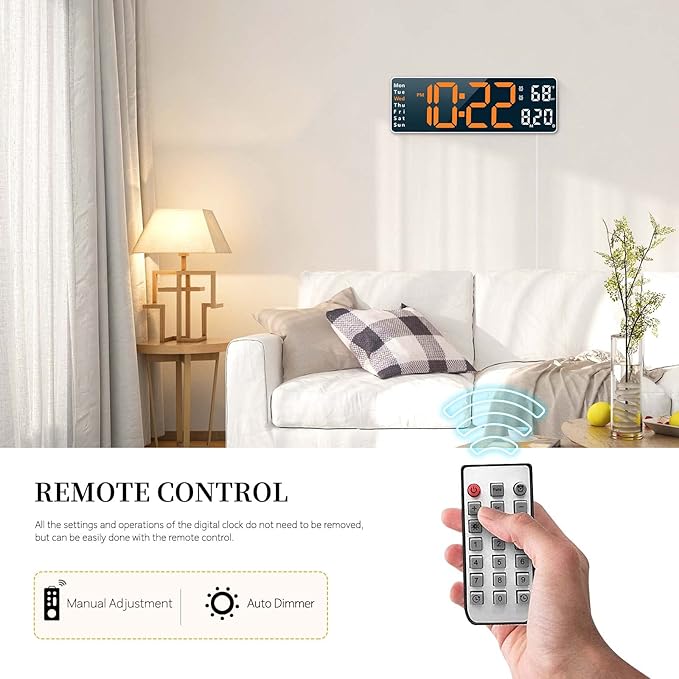 Digital Clock, Digital Wall Clock for Living Room Decor, Desk Alarm Clock for Bedroom, Large Wall Clock with Remote Control, Automatic Brightness Dimmer LED Clock with Date Temperature Week (Orange-W)