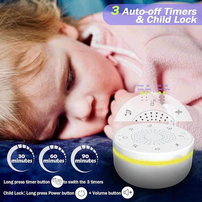 Portable White Noise Sound Machine with 30 Soothing Sounds,5 Color Night Light,3 Timers, Memory Function, Child Lock, White Noise Machine for Baby Adults Kids Sleeping Travel Office Privacy