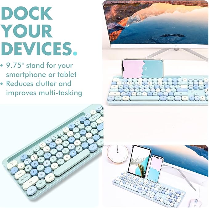 X9 Wired Keyboard and Mouse Combo with Backlight - Silent Round Keycaps, Phone/Tablet Dock, 109 Fullsize Keys, Cute Colorful Blue Keyboard, Aesthetic and Pastel Keyboard for Laptop, PC and Chrome