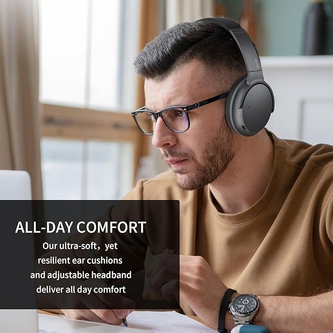 Hybrid Active Noise Cancelling Headphones with Microphone，ANC Wireless Over Ear Bluetooth Headphones, Hi-Res Audio Custom with 4 EQ Deep Bass, Memory Foam Ear Cups, Quick Charge 60H HiFi Playtime