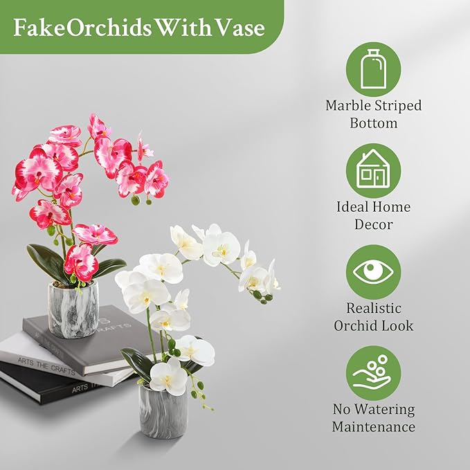 Fake Orchids Flowers in Pot Bendable Faux Orchids Artificial Flowers Washable Silk Orchid Phalaenopsis Decor for Home Wedding Table Centerpiece Bathroom Office