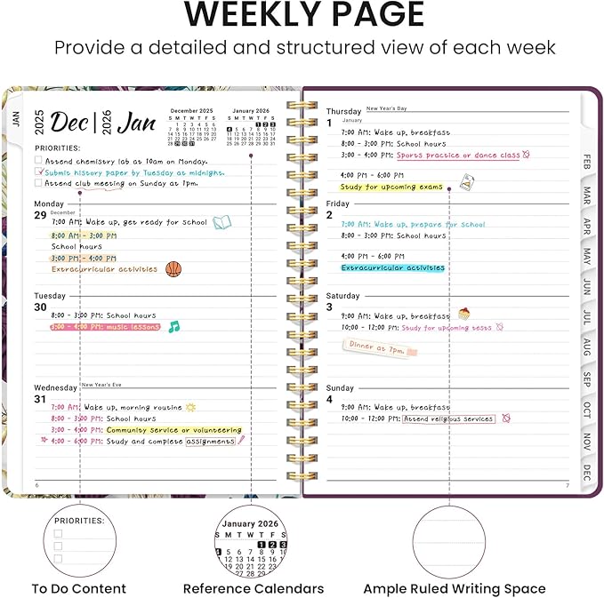 2026 Planner, Monthly and Weekly Calendar Planner for Women, January 2026 - December 2026, Hardcover Pretty 2026 Agenda Planner Book with Tabs, Spiral Bound, Perfect for School Office Home Supplies, 6.3" x 8.5" - Jungle