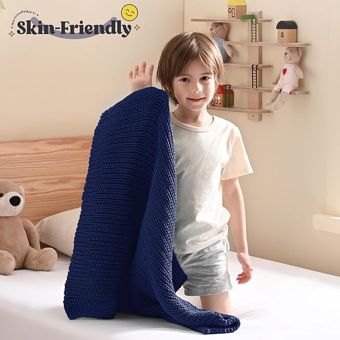 Guohaoi Knitted Weighted Lap Pad (Blue 20"x30" 2lbs) No Beads Cooling Weighted Blanket Kids for Nap, Breathable Chunky Knit Blanket, Small Throw Blanket for Travel Indoor Outdoor