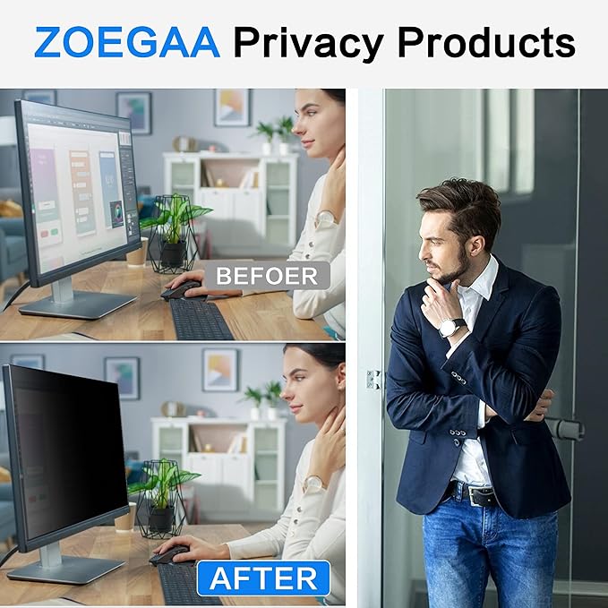 ZOEGAA 24 Inch Computer Privacy Screen Filter, for 16:9 Widescreen Computer Monitor 20.9"x11.8", Removable Computer Screen Privacy Shield and Anti Blue Light Anti Glare Screen Protector