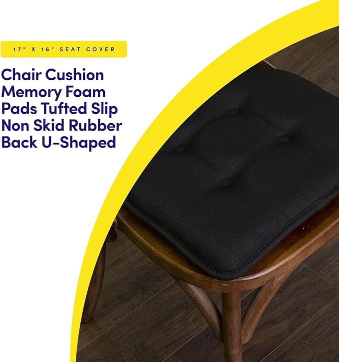 Sweet Home Collection Chair Cushion Memory Foam Pads Tufted Slip Non Skid Rubber Back U-Shaped 17" x 16" Seat Cover, 2 Count (Pack of 1), Black