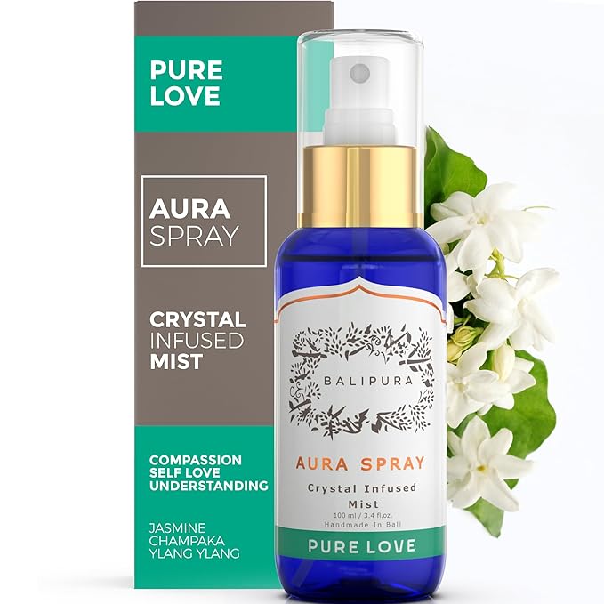 BALIPURA Pure Love Aura Spray - Organic Jasmine & Ylang Ylang Essential Oils - Attraction Mist with Quartz Crystals - Aromatherapy Room Spray for Abundance, Cleanse, and Self-Love