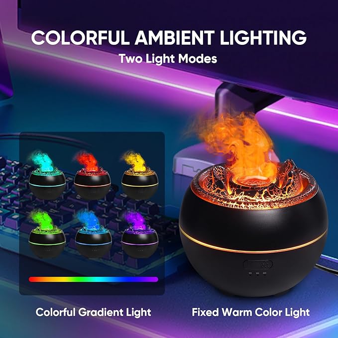 Essential Oil Diffuser, Volcano Fire Flame Aromatherapy Diffuser, 360ml Ultrasonic Cool Mist Humidifier, Scent Aroma Diffuser with 7 Colors Light, Timer & Auto Shut-Off for Home, Room (Black)