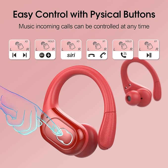 Wireless Earbuds 75hrs Bluetooth 5.4 Headphone Sport, 2025 Bluetooth Earbuds Stereo Deep Bass Over Ear Bud with Earhooks, ENC Noise Cancelling Mic, IPX7 Waterproof Earphone, Red