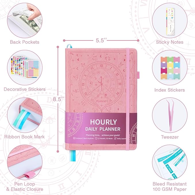 2025-2026 Undated 12 Month Planner Hardcover (5.5x8.5") - Weekly & Monthly Academic Life Organizer, Productivity Journal, Thick Paper, Sticker, Bookmark, Pen Loop(Pink)