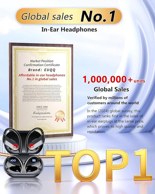 EUQQ Ear Buds Wireless Bluetooth Earbuds, Noise Cancelling Headphones 120H Playtime，IPX7 Waterproof Sports with Earhooks,LED Display Wireless Earphones for Running Gym Workout-Black