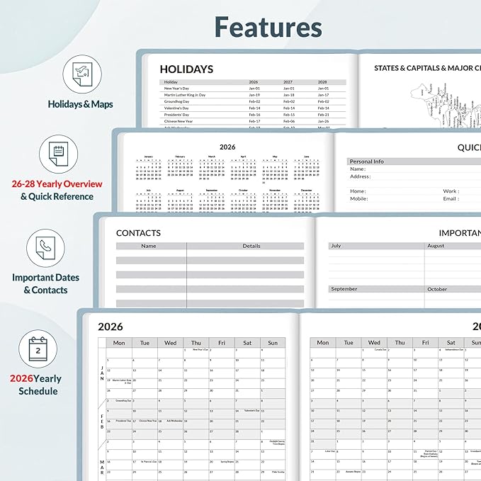 SUNEE 2026 Weekly & Monthly Hardcover Planner 5.5" x 8.3" - 12 Month (January 2026 - December 2026), Small Hardcover Planner, Pocket, Notes, 100 GSM Paper, Gray Blue