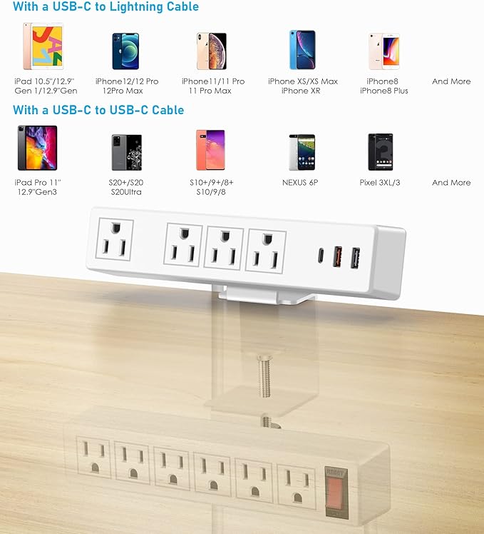 Dual Layer Desk Clamp Power Strip, 20W Desktop Edge Mount Charging Station with 10 Outlets 3 USB Ports, Under Desk Surge Protector, 6.5 Ft Extension Cord for Office Home