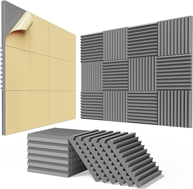 12 Pack Self-Adhesive Acoustic Panels - 1”X 12”X 12”Wall Panels - Quick-Recovery and High Density Sound Panels - Sound proof Acoustic Foam for Home Studio - Gray