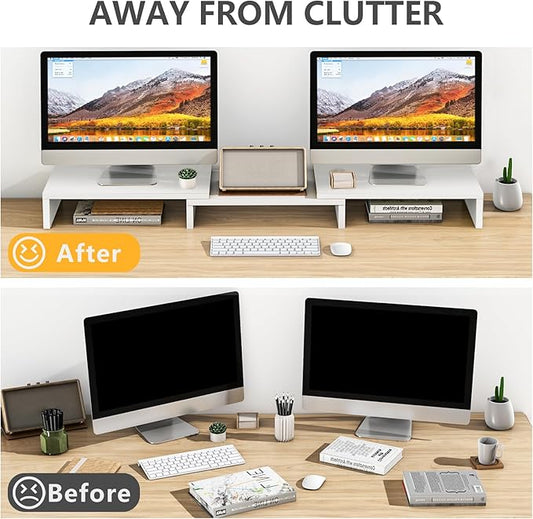 TAVR Furniture Dual Monitor Stand Riser, Computer Monitor Stands for 2 Monitors, Extra Long Multifunctional Desktop Organizer Riser for Computer, Laptop, PC, Printer, TV, Max 43.3" Length, White