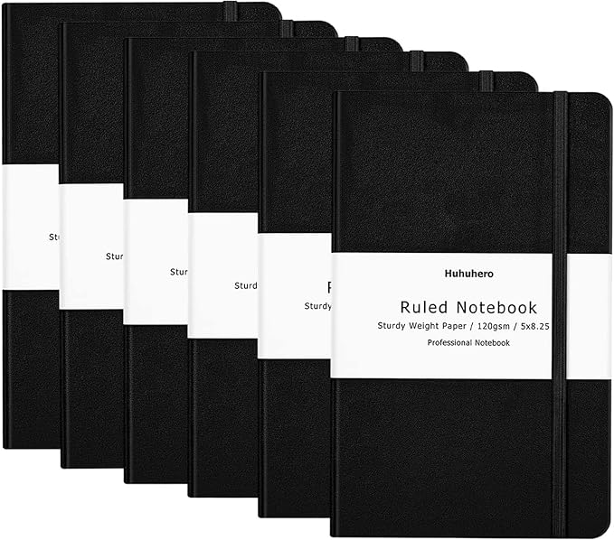 Huhuhero Notebooks Journal, Ruled Notebook, Premium Thick Paper Lined Journal, Black Hardcover Notebook for Office Home School Business Writing Note Taking Journaling, 5"×8.25" (6, Black)
