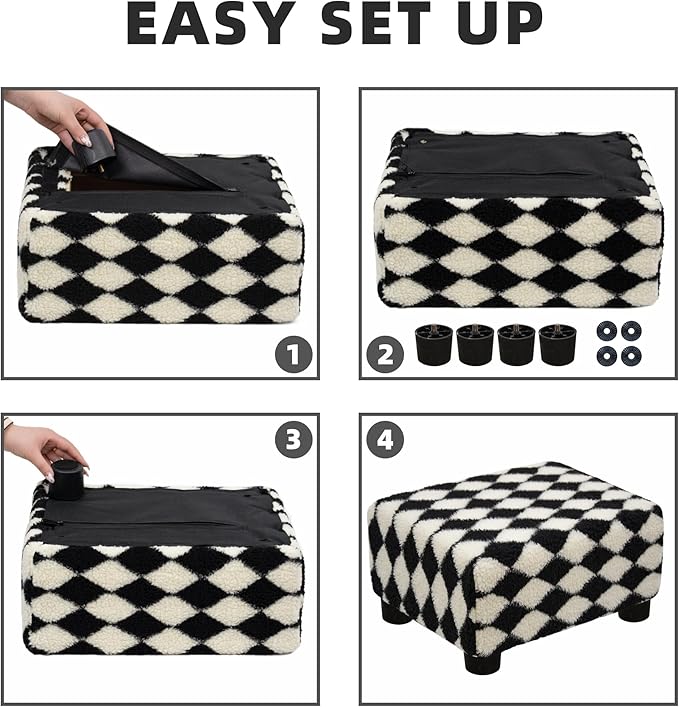 CAROLMADE Small Foot Stool Ottoman Sherpa Footstool with Legs Under Desk Footrest for Living Room Bedroom and Office, Soft Black+White