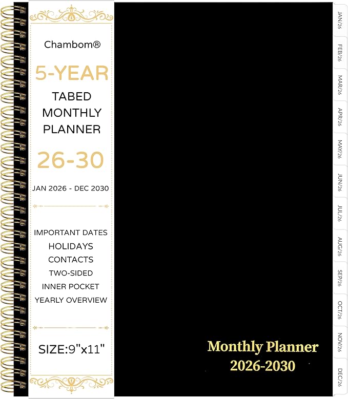 2026-2030 Monthly Planner, 5 Year Monthly Planner/Calendar 2026-2030, 60-Month Jan 2026 – Dec 2030, 9" x 11", Tabs, Double-Side Pocket, Holidays, Thick Paper - Black