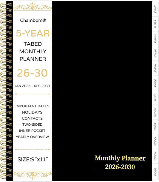 2026-2030 Monthly Planner, 5 Year Monthly Planner/Calendar 2026-2030, 60-Month Jan 2026 – Dec 2030, 9" x 11", Tabs, Double-Side Pocket, Holidays, Thick Paper - Black