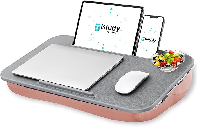 Istudyniture Lap Desk | Portable Laptop Desk & Stand – Fits Up to 17 inch – Washable Cushion, Built-in Phone Holder – for Bed, Couch, Sofa, Floor – Writing, Reading, Home Office – Large, Pink