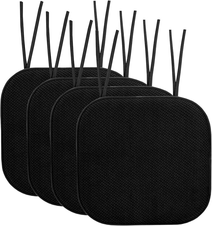 Sweet Home Collection Chair Cushion Memory Foam Pads with Ties Honeycomb Pattern Slip Non Skid Rubber Back Rounded Square 16" x 16" Seat Cover, 4 Pack, Black 4 Pack