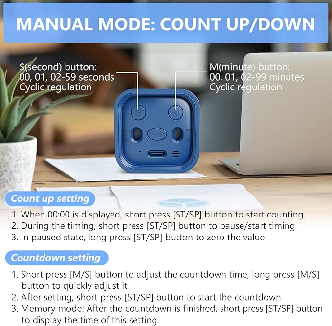GuDoQi Multi-Function Cube Timer, 5/10/30/60 Min & Custom Count Down, Included Pause & Resume Feature, Silent, Vibrate & Adjustable Sound Alarm for Productivity in Tasks,Study & Kitchen, Classic Blue