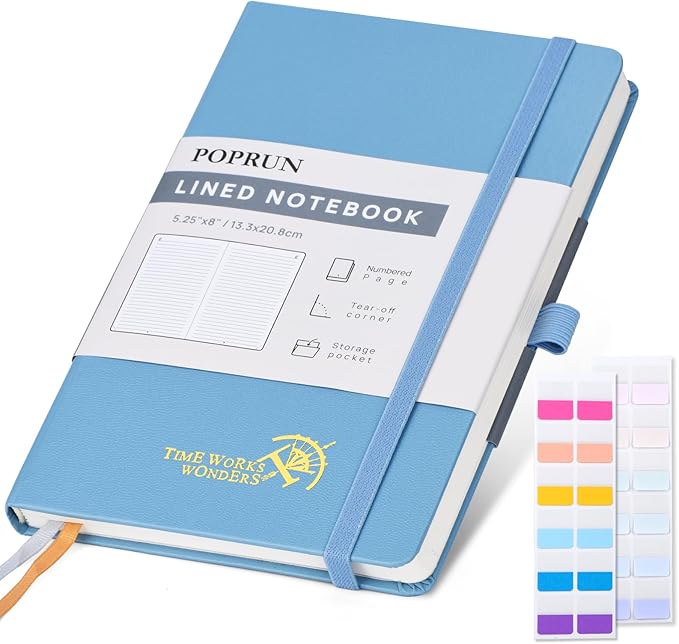 POPRUN Lined Journal Notebook for Women & Men, A5 Medium Size 5.25''x 8'', 120GSM Thick Paper, 128 Numberd Pages, Hardcover, Index Tabs, College Ruled Notebook for Work & Note Taking - Haze Blue