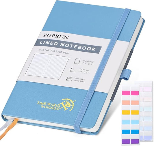 POPRUN Lined Journal Notebook for Women & Men, A5 Medium Size 5.25''x 8'', 120GSM Thick Paper, 128 Numberd Pages, Hardcover, Index Tabs, College Ruled Notebook for Work & Note Taking - Haze Blue