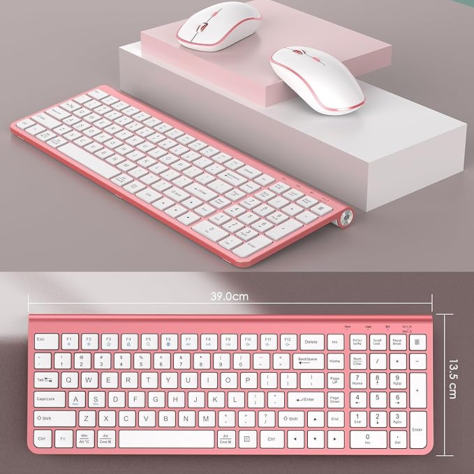 JOYACCESS Pink Wireless Keyboard and Mouse, Typewriter Keyboard Wireless, Ergonomic and Quiet Computer Mouse for for Desktop/PC/Laptop/Surface/Smart TV and Windows 10/8/ 7