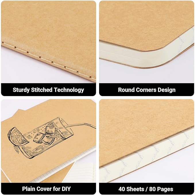 EUSOAR Journal Notebook, 12 Pack A4 11" x 8-1/2", 40 Sheets/ 80 Pages, 100gsm Thick Paper, Kraft Notebooks College Ruled, Line Travelers Journals Bulk Softcover, for Diary Writing Work Office