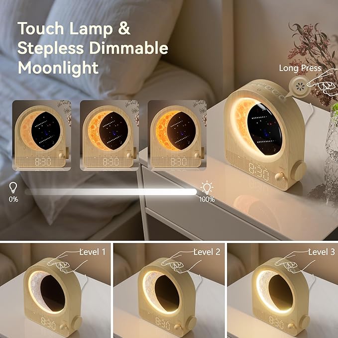 Sunrise Alarm Clocks for Bedrooms, Stepless Dimmable Moon Lamp Dual Alarm Clock Wake Up Light with 12Levels Volume for Heavy Sleepers, 10 Natural Sounds with 30/60/90min Timer Night Light