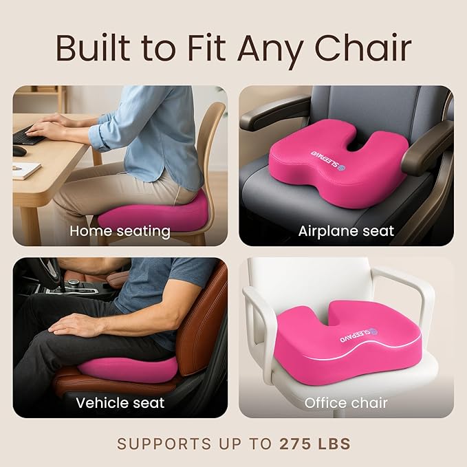 Sleepavo Pink Memory Foam Seat Cushion for Office Chair - Pillow for Sciatica, Coccyx, Back, Tailbone & Lower Back Pain Relief - Orthopedic Chair Pad for Lumbar Support in Office Desk, Car, Airplane