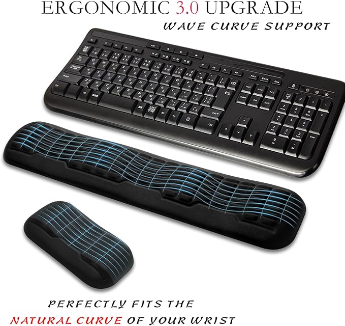 UnivoColors Full-Sized Keyboard & Mouse Wrist Rest Set-Ergonomic 3.0 Upgrade,Wave Curve Support,Comfortable Support & Fatigue Relief,Non-Slip Base,Perfect for Work & Gaming(Black)