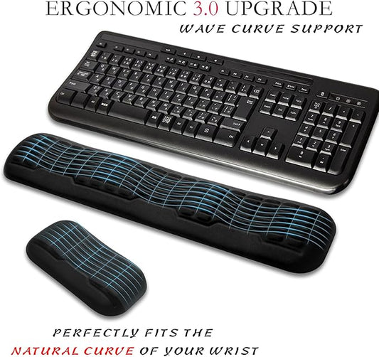UnivoColors Full-Sized Keyboard & Mouse Wrist Rest Set-Ergonomic 3.0 Upgrade,Wave Curve Support,Comfortable Support & Fatigue Relief,Non-Slip Base,Perfect for Work & Gaming(Black)