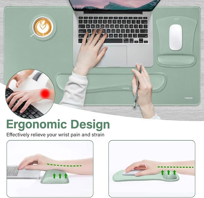 MOSISO Keyboard Mouse Pad Set, Large Gaming Mousepad&Keyboard Wrist Rest&Mouse Wrist Rest&Coaster, Ergonomic Non-Slip Mousepad&Easy Typing Cushion with Memory Foam for Home Office, Antique Green