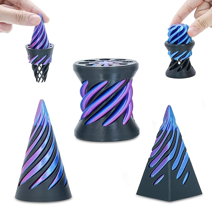 3 Packs Impossible Spiral Cone Fidget Toys,3D Printed Pyramid Passthrough Sculpture,Mini Sensory Toy for Stress Relief Anxiety Relaxation,Desktop Decor Gifts for Adults & Kids (Blue Black)
