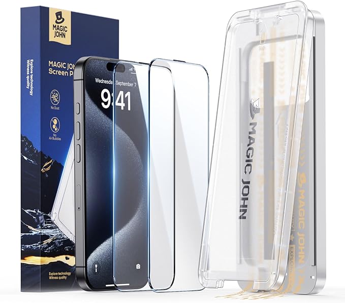MAGIC JOHN 3rd Gen Upgraded for iPhone 15 Pro Screen Protector 6.1 Inch, HD Clear, Shatterproof Tempered Film, Auto Dust-Elimination, Bubble Free, Easy Installation, 2 Pack