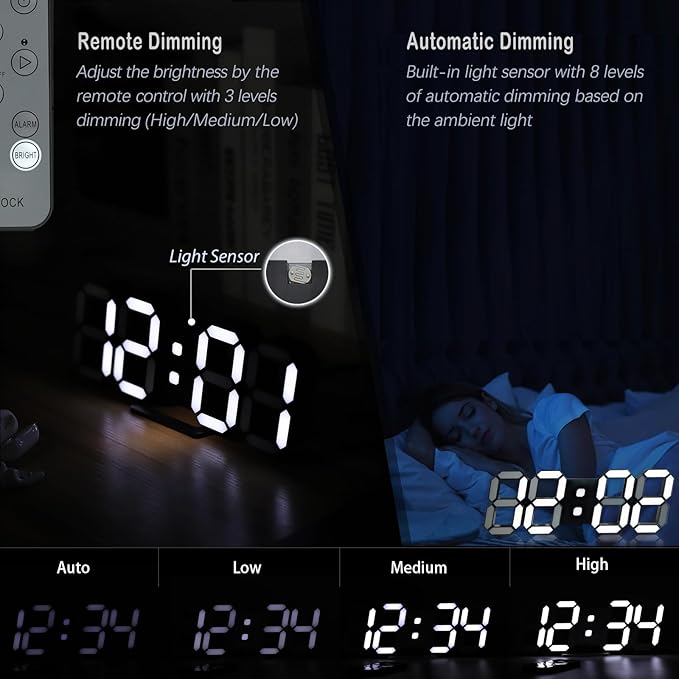 KOSUMOSU Digital Clock 3D LED Wall Clock for Living Room Decor 9.7" Alarm Clocks Black Clock Wall Decor Digital Wall Clock,Remote Control/Dimmer/Date/Temperature