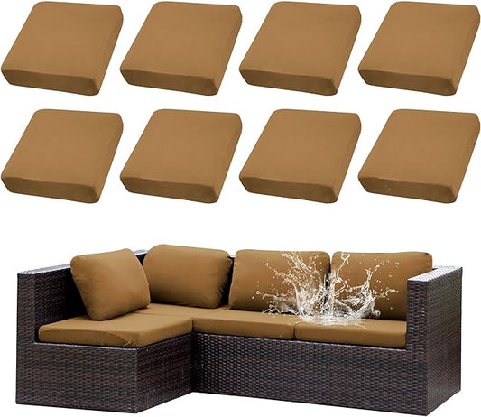 8Pcs Stretch Patio Cushion Covers Waterproof Outdoor Cushion Covers Patio Couch Cover Slipcovers, for Outdoor Furniture Protector Covers Replacement(Cover Only) (Camel)