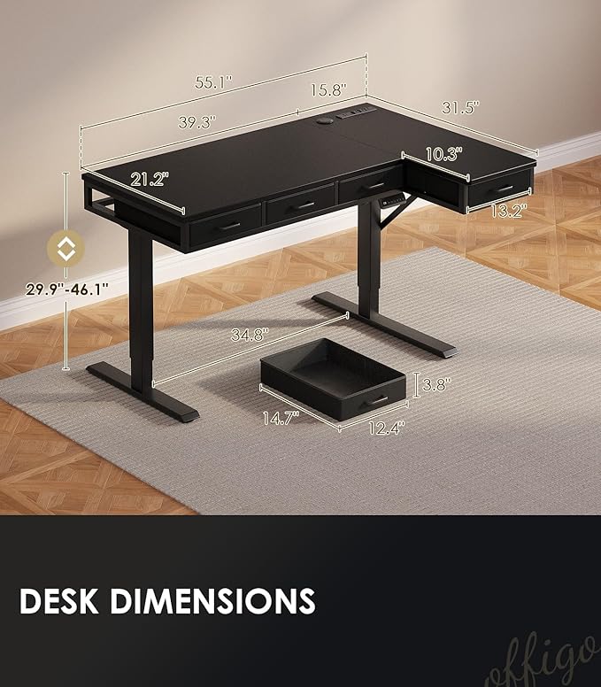 OffiGo 55 Inch L Shaped Electric Standing Desk with Drawers, Height Adjustable Large Desk with Power Outlets, Sit Stand Table, Writing Computer Desk for Home, Office, Workstation, Black
