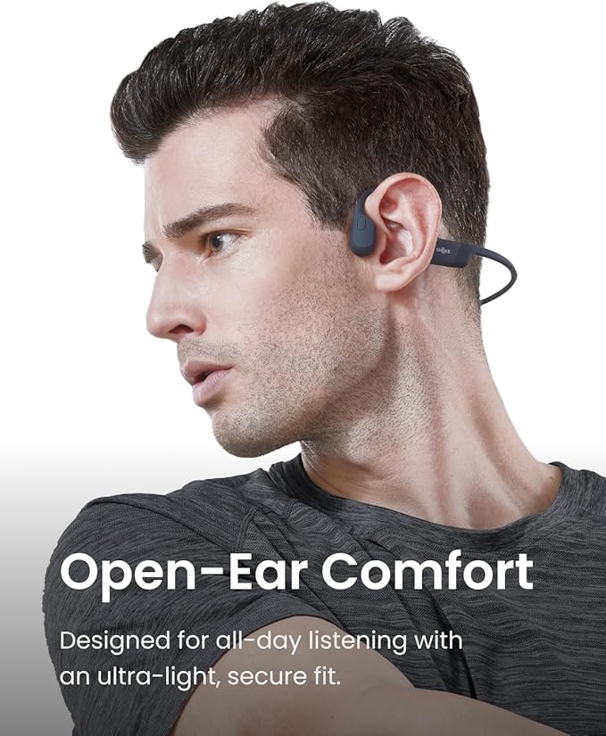 SHOKZ OpenRun - Open-Ear Bluetooth Bone Conduction Sport Headphones, Sweat Resistant Wireless Earphones for Workouts and Running, Built-in Mic, with Hair Band, Black