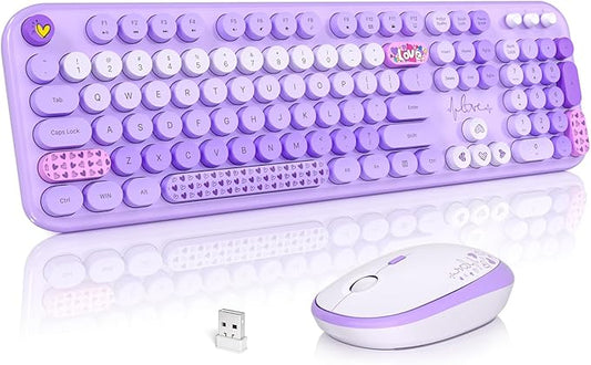 MOFII Wireless Keyboard and Mouse Combo, Cute Colorful Full Size Keyboard and Adjustable Mouse, 2.4GHz Retro Typewriter Keyboard and Mouse Set for PC/Desktop/Laptop/Windows (Purple Colorful)