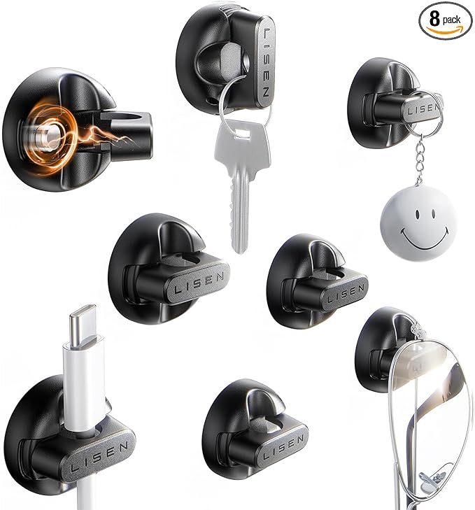 8-Pack Magnetic Cable Clips [1S Snap-On] Cord Holder, LISEN Office Desk Organizers and Accessories with 4 Extra Strong Adhesive Pads, Wire Organizer for Nightstand, Home, Wall, Car, Desktop