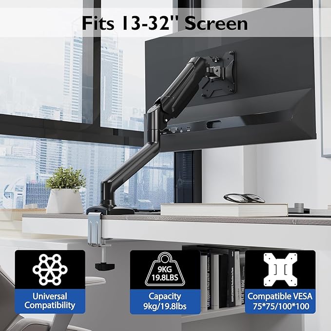 BONTEC Monitor Arm Desk Mount, Gas Spring Monitor Stand, Adjustable Full Motion VESA with C Clamp & Grommet Base, Supports 6.6-19.8lbs LCD/LED Tilt, Swivel, Rotation (Single Arm, 13-32 Inch)