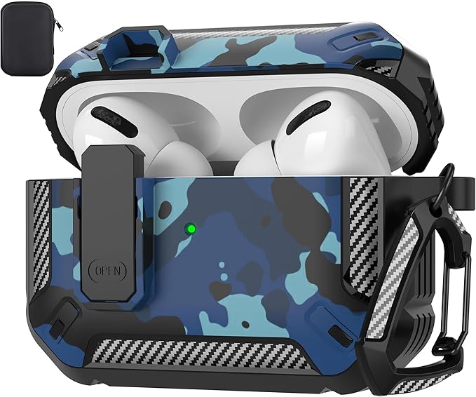 Maxjoy AirPods Pro 2nd/1st Generation Case Cover with Lock, AirPods Pro 2 Protective Case with Keychain Compatible with Apple AirPod Pro2 2023 USB C Cable 2022 Lightning Cable/ Pro1 2019, Blue Camo