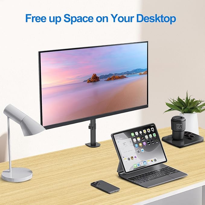 H&C(hcck&Cllassp) Single Monitor Mount, Desk Mount with Swivel, Tilt, Rotation, Height Adjustable, VESA Mount for 17-27” Monitors up to 17.6 lbs, Monitor Stand with C-Clamp, Black