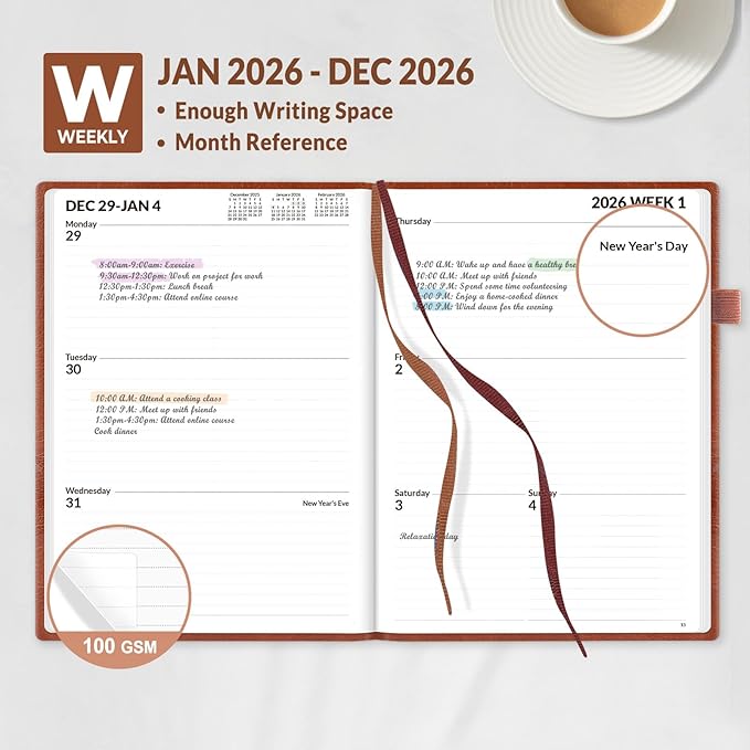 SUNEE 2026 Weekly & Monthly Hardcover Planner 5.5" x 8.3" - 12 Month (January 2026 - December 2026), Small Hardcover Planner, Pocket, Notes, 100 GSM Paper, Brown