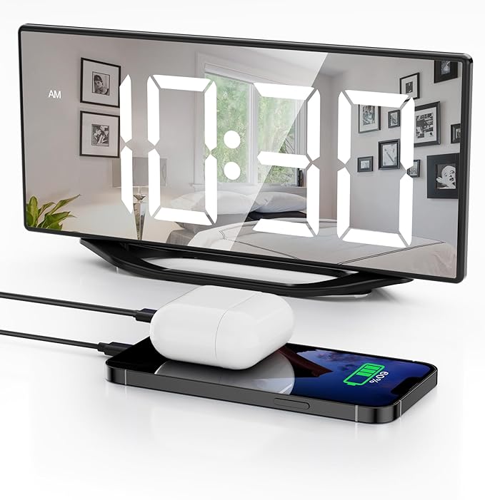 Digital Alarm Clocks for Bedrooms，8.7" LED Mirror Electronic Clocks with 2 USB Charger Ports,7 Levels Brightness & Alarm Volume,Dual Alarms,Snooze,12/24H,Modern Desk Clock for Bedside Home Office