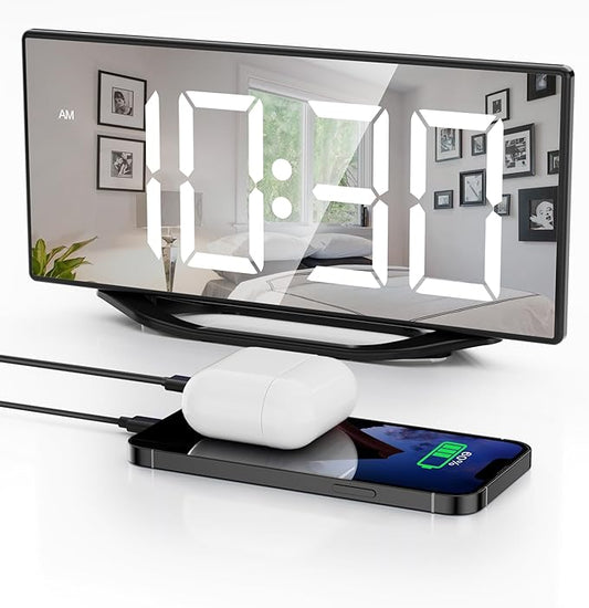 Digital Alarm Clocks for Bedrooms，8.7" LED Mirror Electronic Clocks with 2 USB Charger Ports,7 Levels Brightness & Alarm Volume,Dual Alarms,Snooze,12/24H,Modern Desk Clock for Bedside Home Office