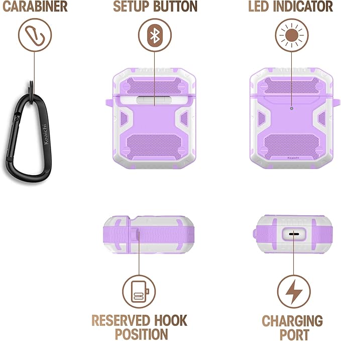 Koaichi Compatible with AirPods Case, Full-Body Rugged Hard Shell Protective Case Cover with Keychain Designed for AirPods 1st & 2nd, Purple/White